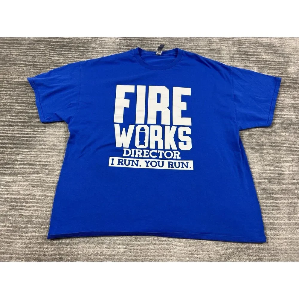 Fire Works Director I Run‎ You Run Shirt Mens 2XL Blue Short Sleeve Funny